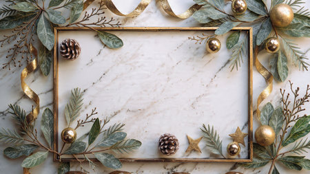 Christmas border with glowing gold balls and soft silver sparkles arranged over pine foliage.の写真素材