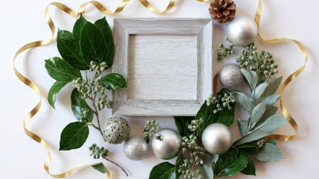 Christmas border with glowing gold balls and soft silver sparkles arranged over pine foliage.