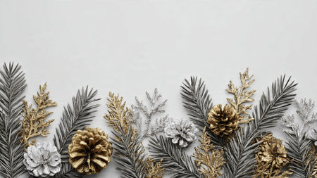 Clean Christmas design with natural pine textures and simple metallic decorative elements.の写真素材