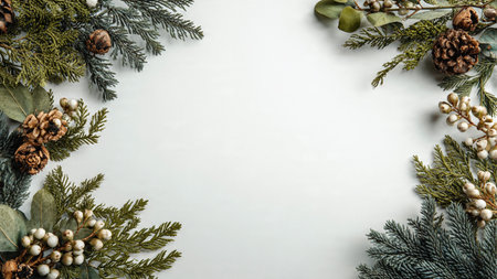 Fresh pine border illuminated by soft studio lighting and adorned with metallic decor.