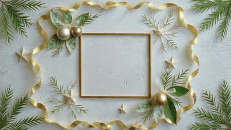 Holiday border with curled metallic ribbons and detailed pine textures.