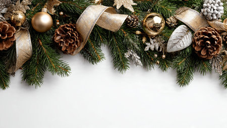 Minimal Christmas border with thin pine branches and carefully placed metallic decorations.