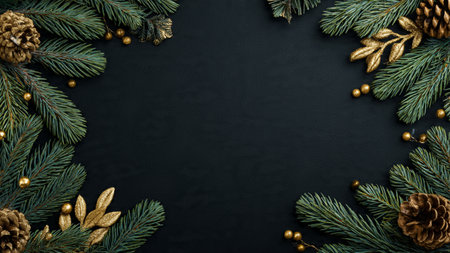 Symmetrical holiday frame with glossy baubles and deep green pine.の写真素材