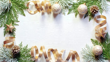 Soft-shadow festive frame with natural winter greenery and premium ornaments.