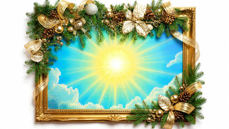 A classic Christmas composition with rich pine branches and timeless silver ornaments around a blank...