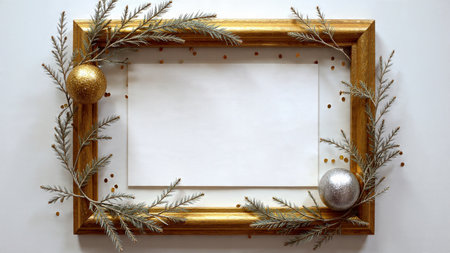 Holiday border with richly colored pine clusters adorned with silver and gold highlights.