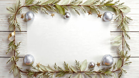 A soft, elegant frame with pine greenery and metallic decorations arranged gently around the center.
