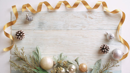 A soft Christmas border crafted from pine needles and metallic baubles around a bright white center.の写真素材