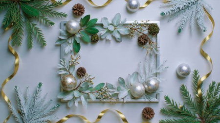 Christmas card layout with classic pine greenery and metallic ribbon accents.