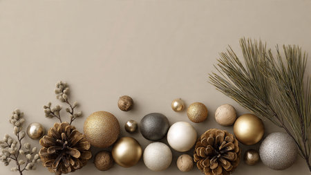 A luxury festive frame combining detailed pine needles with reflective holiday ornaments.の写真素材