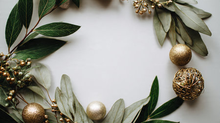 Symmetrical pine border highlighting gold and silver decorations around a clean white middle.