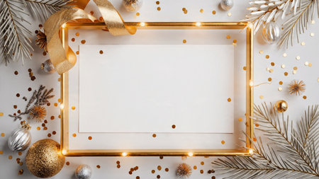 A festive symmetrical layout featuring lush pine leaves and shiny gold stars bordering a bright...