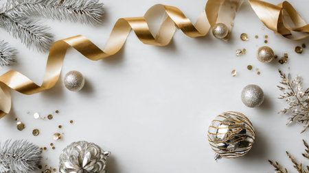 A festive edge design with lush pine and intricate metallic holiday accents.の写真素材