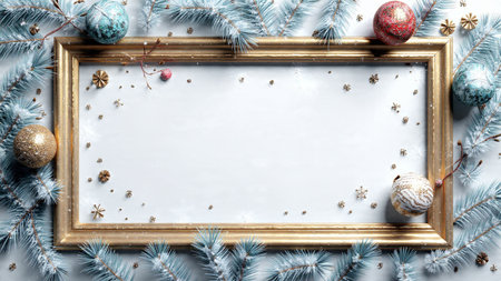 A delicate pine and metallic ribbon layout forming an elegant holiday edge.