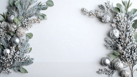 Christmas card layout with classic pine greenery and metallic ribbon accents.の写真素材