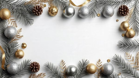 Winter holiday layout showcasing premium pine textures and shiny ornaments.の写真素材