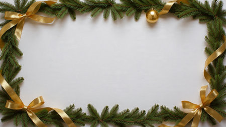 A Christmas-themed flat lay with green pine, gold bows, and shiny silver ornaments forming a...