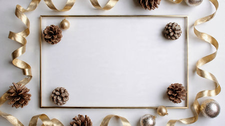 Modern winter frame with glossy metallic decorations over lush pine.