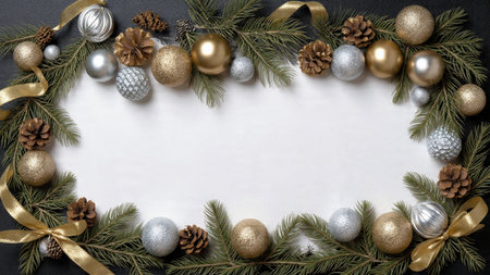 Holiday frame glowing with golden highlights and silver sparkles over pine textures.