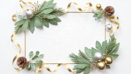 Soft festive border with curled gold ribbons and pine branches surrounding a bright center.の写真素材