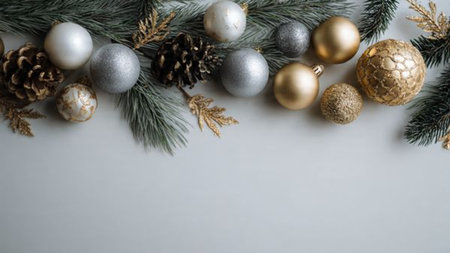 Clean winter frame using realistic pine textures, gold curls, and glossy ornaments surrounding a smooth white middle.の写真素材