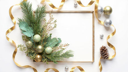 A modern holiday frame crafted from pine leaves, silver baubles, and refined golden ribbons.の写真素材