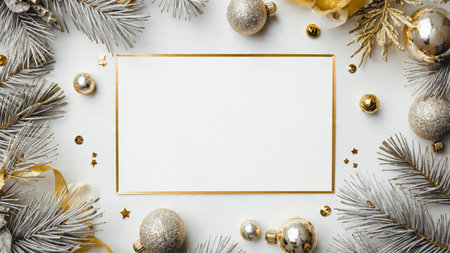 Fresh winter border featuring pine foliage and bright metallic ornaments.の写真素材