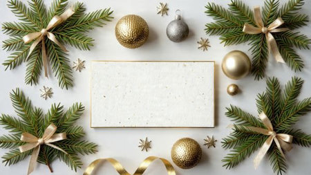 A crisp holiday border with fresh pine branches and bright metallic baubles placed symmetrically on...