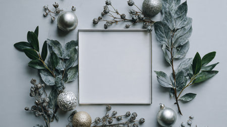 A festive holiday border featuring refined pine needles and shimmering decorations around a clean white center.の写真素材