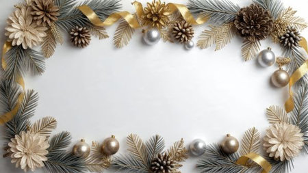 A delicate pine and metallic ribbon layout forming an elegant holiday edge.