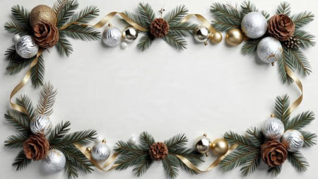Winter greenery frame with symmetrical pine clusters and curling gold ribbons.