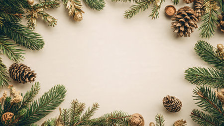 Soft Christmas frame using pine foliage and shimmering gold decorations.