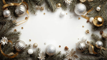Rich pine foliage frame with balanced metallic holiday accents.