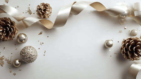 Christmas frame glowing with soft shadows and glimmering ornaments.の写真素材