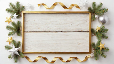 A refined festive frame with pine sprigs, pinecones, and metallic stars framing a clean white area.