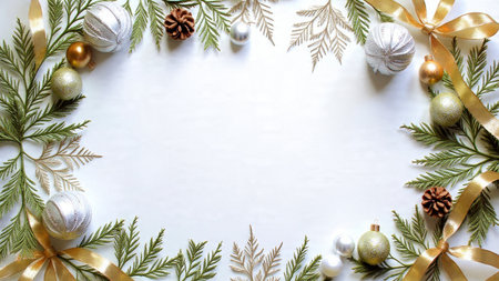A green-and-gold luxury Christmas arrangement surrounding a clean, minimal white center.