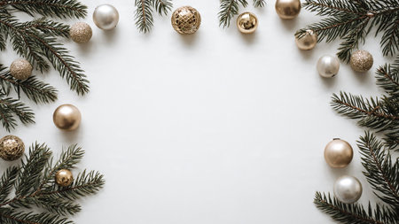 A modern holiday frame crafted from pine leaves, silver baubles, and refined golden ribbons.の写真素材