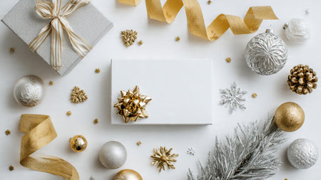 A symmetrical Christmas layout featuring pine branches with mixed gold and silver decorations.