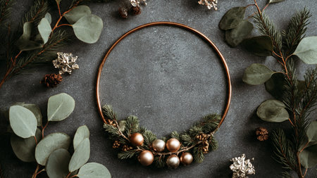 Classic Christmas border with dense pine foliage decorated with subtle gold ribbons and silver...