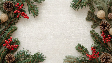 A soft-shadow border featuring natural pine needles and metallic ornaments surrounding an open white...