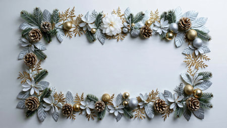 Holiday border with curled metallic ribbons and detailed pine textures.