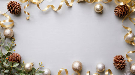 Holiday layout with deep green pine branches and glittering metallic accents.の写真素材