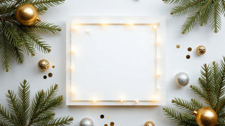 A glowing Christmas border with metallic spheres and lush pine arranged beautifully.