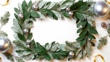 A festive white frame outlined with golden curls and silver glittery decorations against pine...