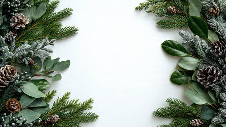 Cozy seasonal frame featuring pine greenery, gold ribbon waves, and soft silver ornament highlights.の写真素材