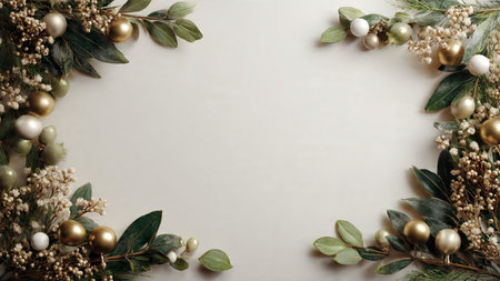 A natural pine layout accented with silver glitter balls and golden stars around a white background.