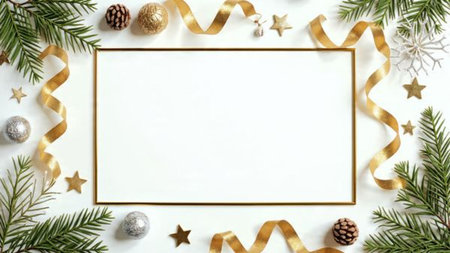 Elegant symmetrical winter frame with natural pine and luxury metallic designs.