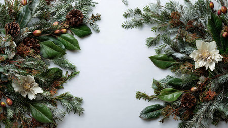 A soft, bright holiday frame enriched with pine and metallic details arranged neatly along the edges.の写真素材