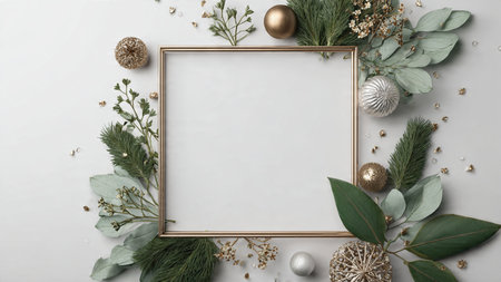 Elegant decorative border with pine textures and winter ornaments arranged around a smooth white...