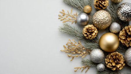 Soft festive greenery layout decorated with silver glitter balls and gold stars.の写真素材